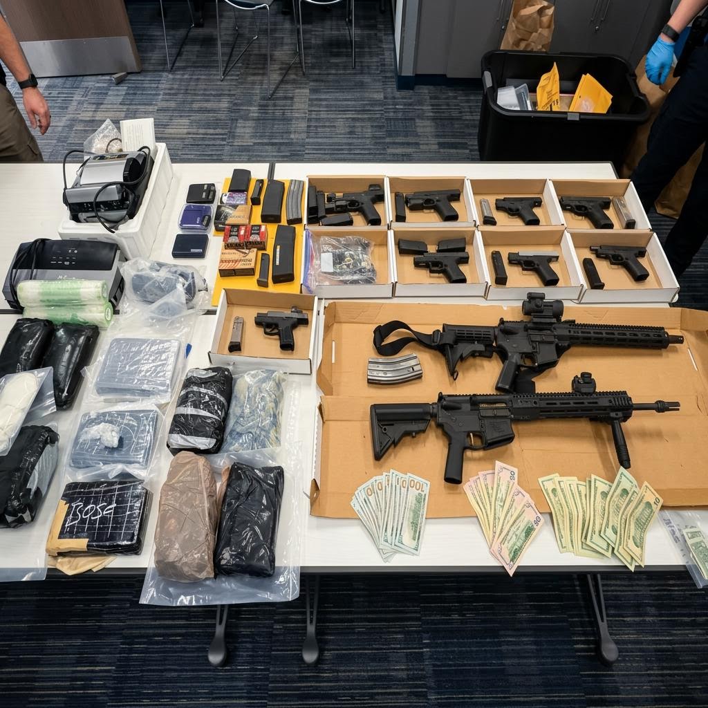 Supplied evidence photograph showing firearms, suspected drugs, and cash seized in the Charlotte raid