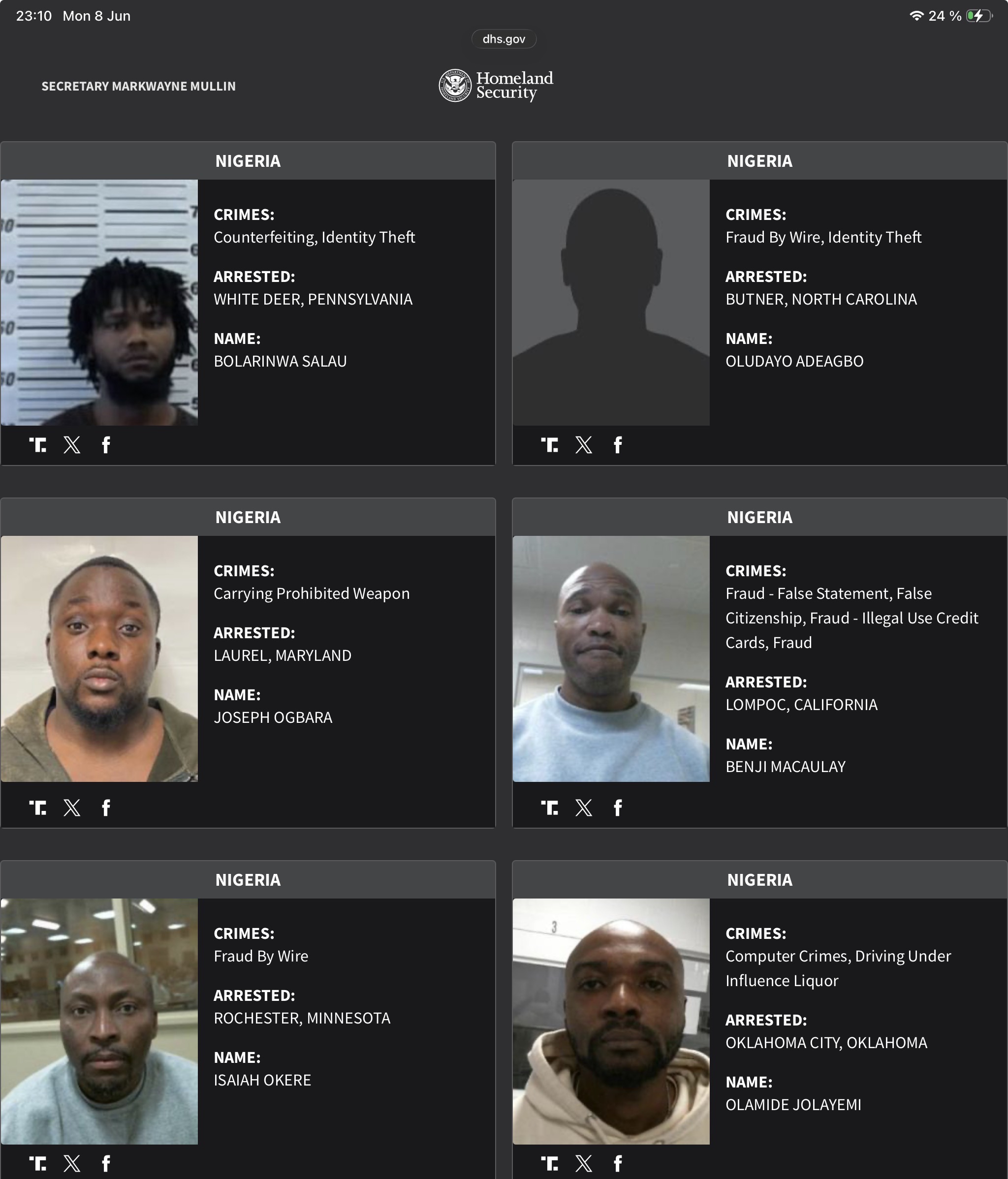 Nigeria DHS arrest sheet 12