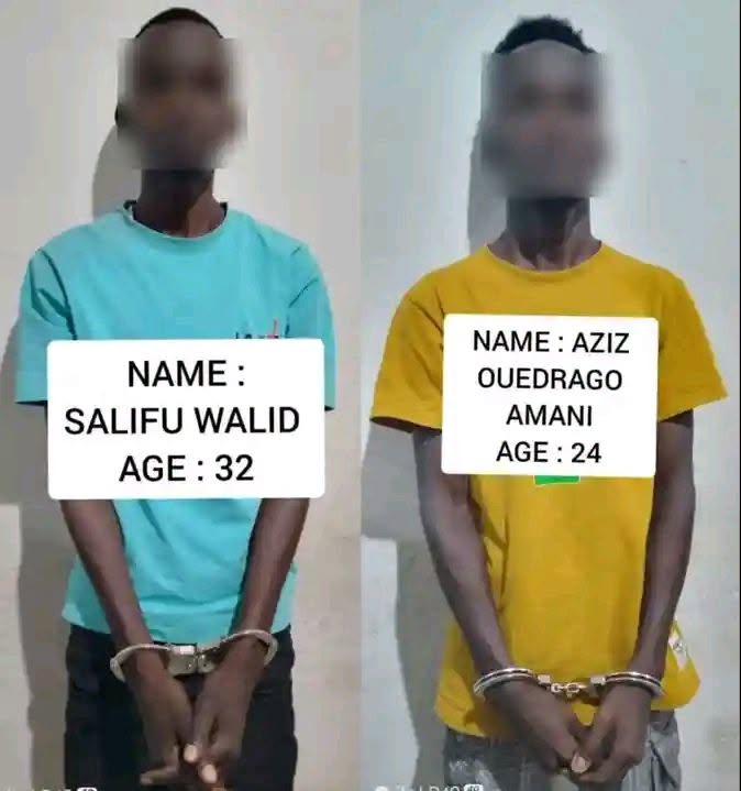 Supplied arrest composite showing two men with faces blurred and placards identifying Salifu Walid and Aziz Ouedraogo Amani; identity labels are not independently verified