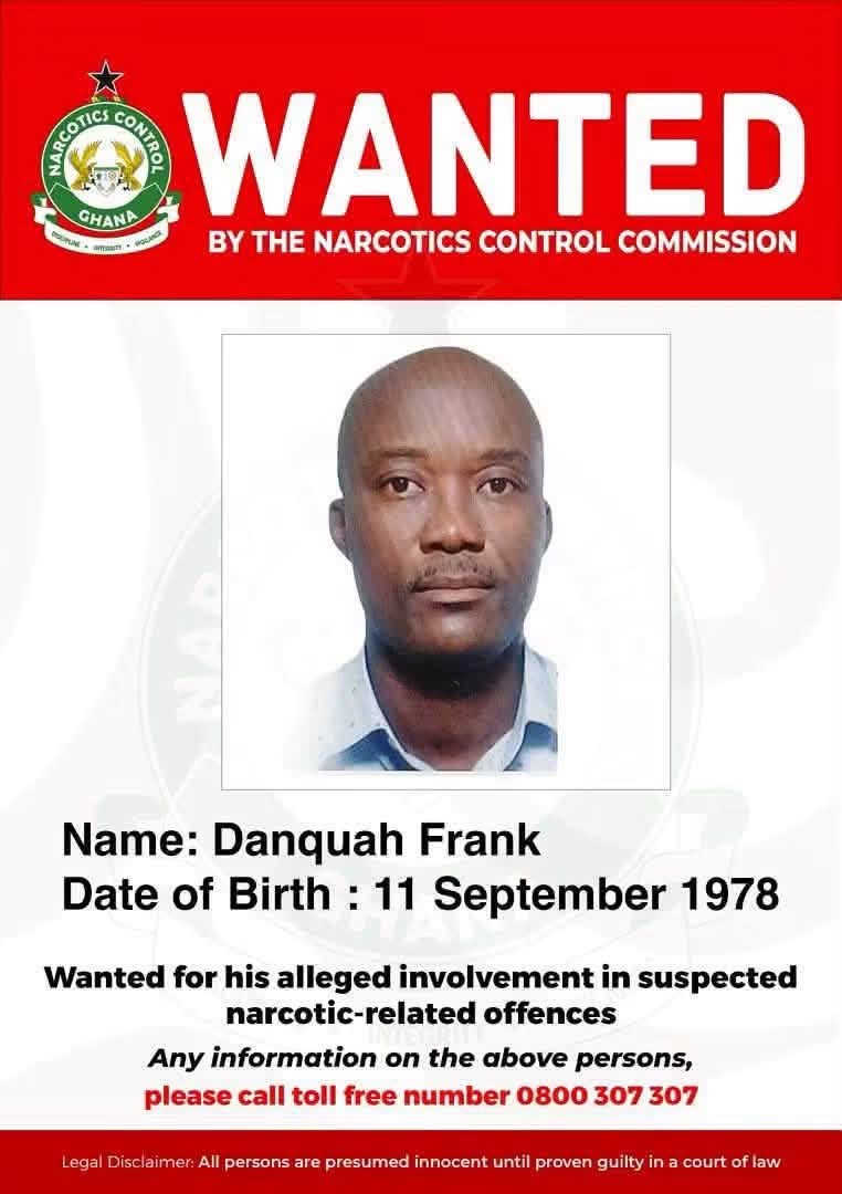 Supplied NACOC-branded wanted notice naming Frank Danquah, with a portrait and public hotline