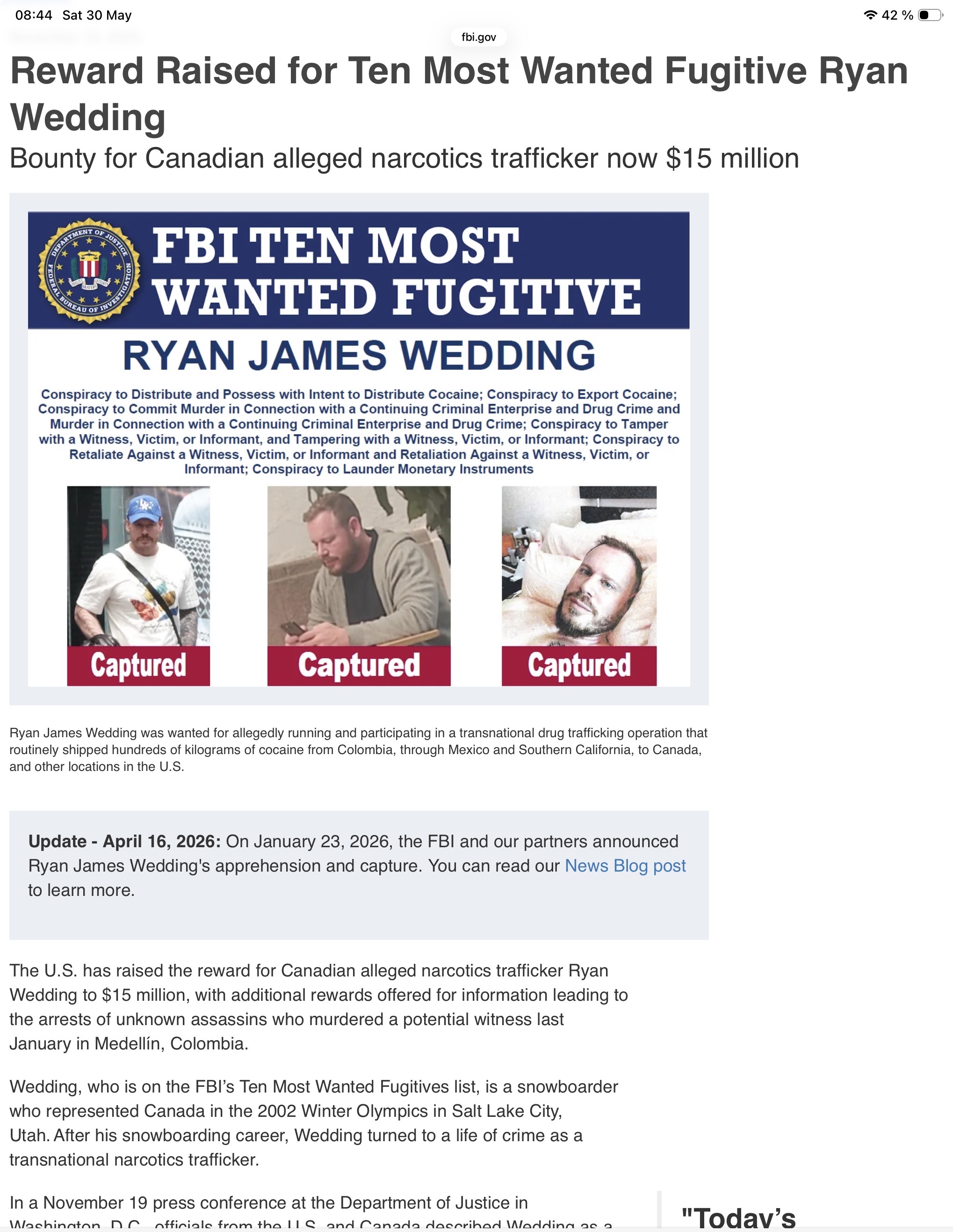 FBI Wanted — Ryan James Wedding (Captured)