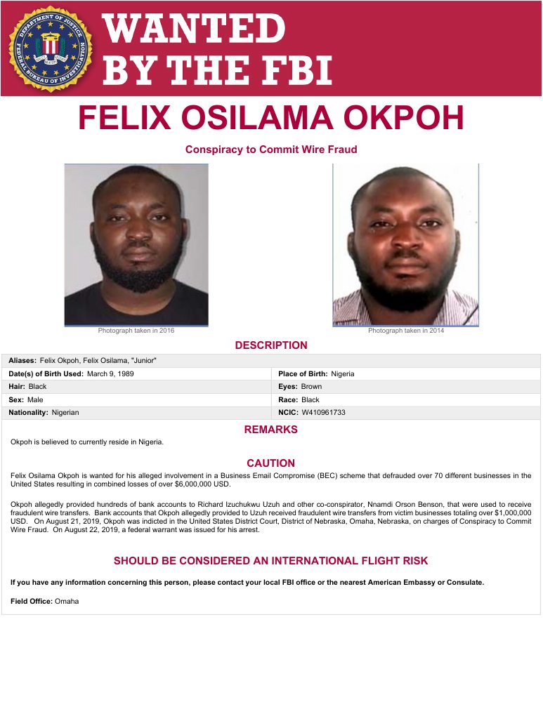 FBI wanted poster for Felix Osilama Okpoh, rendered from the official FBI PDF