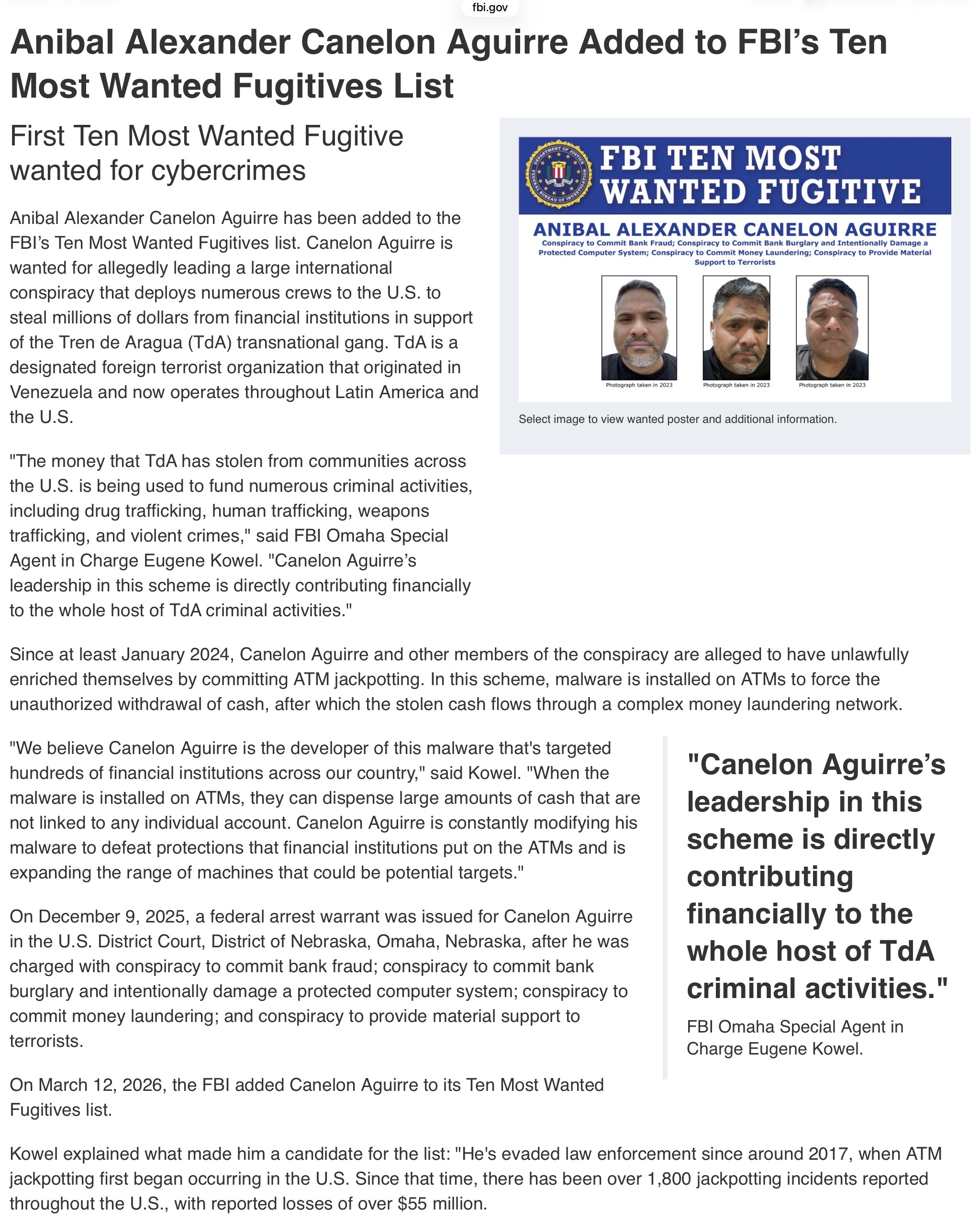 FBI Wanted — Anibal Alexander Canelon Aguirre