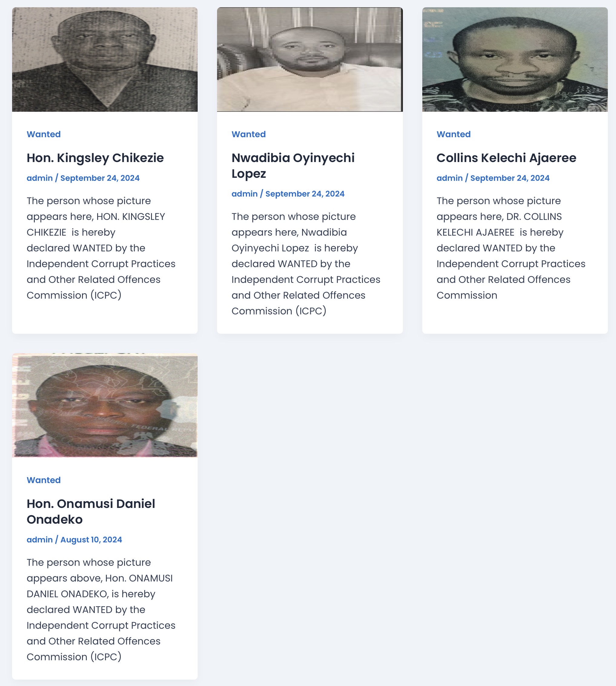 ICPC Wanted — Hon. Kingsley Chikezie, Nwadibia Oyinyechi Lopez, Collins Kelechi Ajaeree, Hon. Onamusi Daniel Onadeko