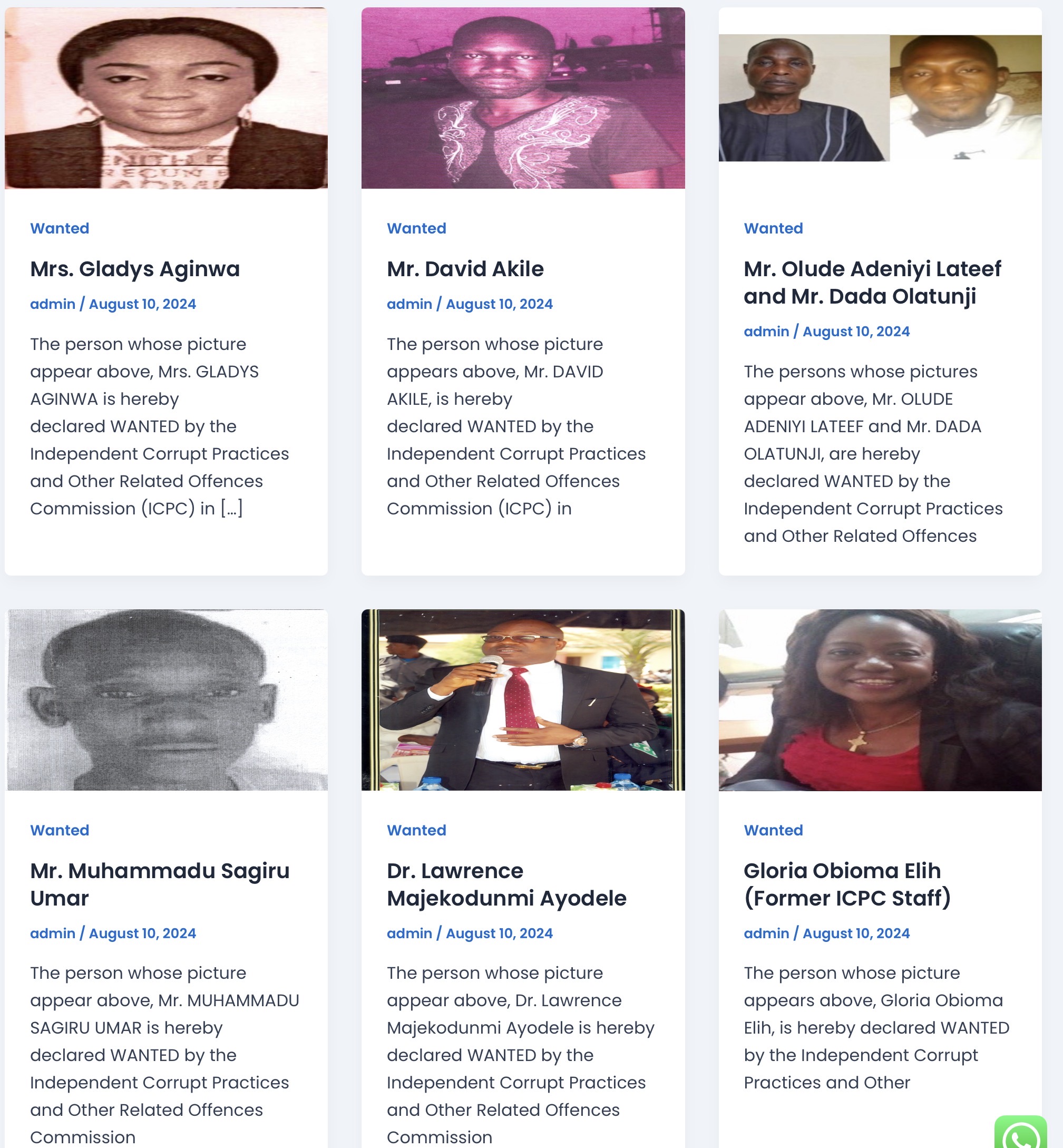 ICPC Wanted — Gladys Aginwa, David Akile, Olude Adeniyi Lateef, Dada Olatunji, Muhammadu Sagiru Umar, Dr. Lawrence Majekodunmi Ayodele, Gloria Obioma Elih