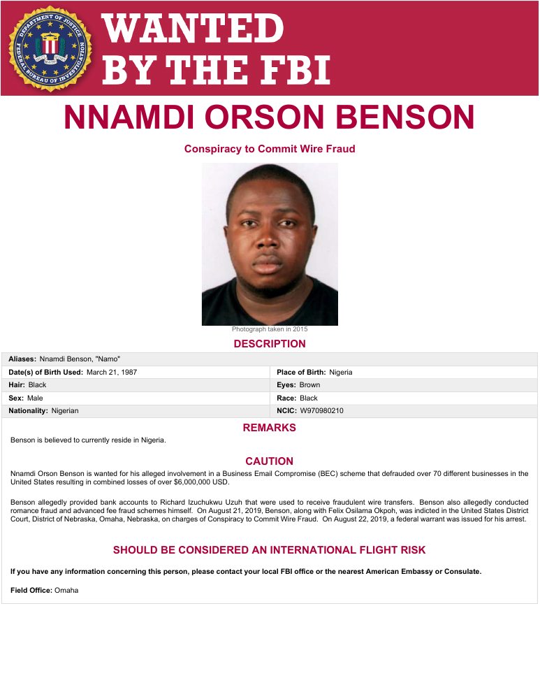 FBI wanted poster for Nnamdi Orson Benson, rendered from the official FBI PDF