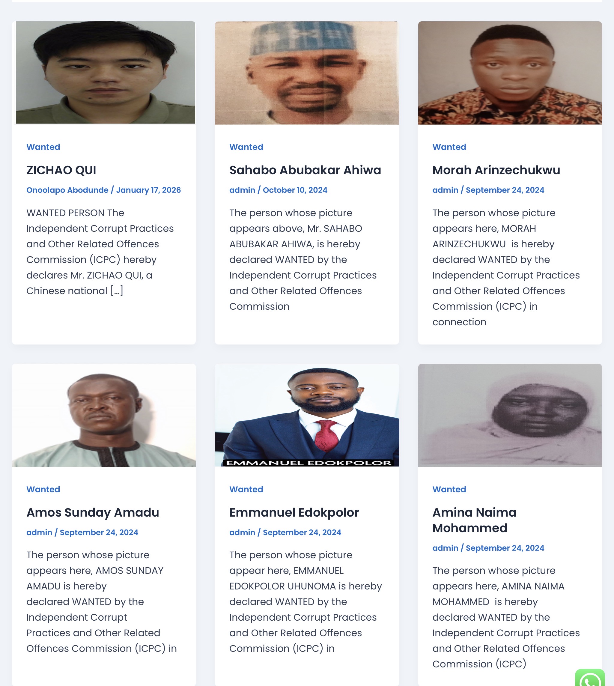 ICPC Wanted Persons — Zichao Qui, Sahabo Abubakar Ahiwa, Morah Arinzechukwu, Amos Sunday Amadu, Emmanuel Edokpolor, Amina Naima Mohammed