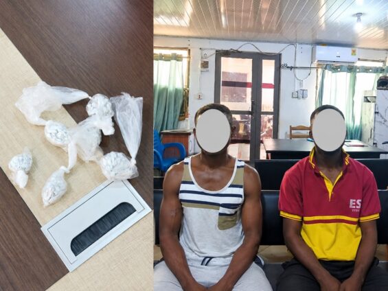 Supplied composite showing wrapped substances on a scale and two remanded suspects whose faces are obscured