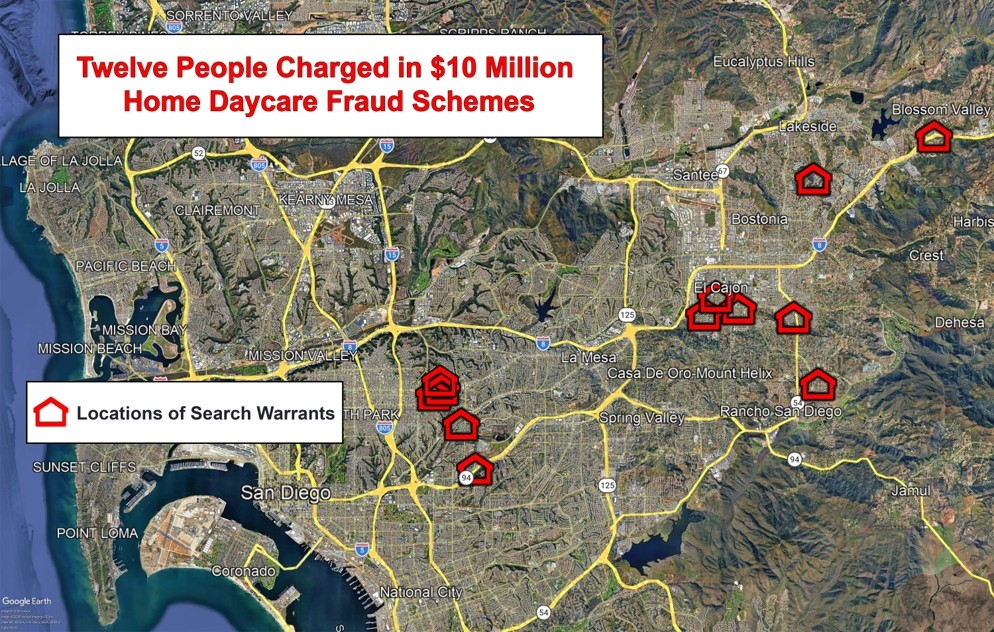 Map identifying San Diego-area search-warrant locations in the home daycare fraud investigation