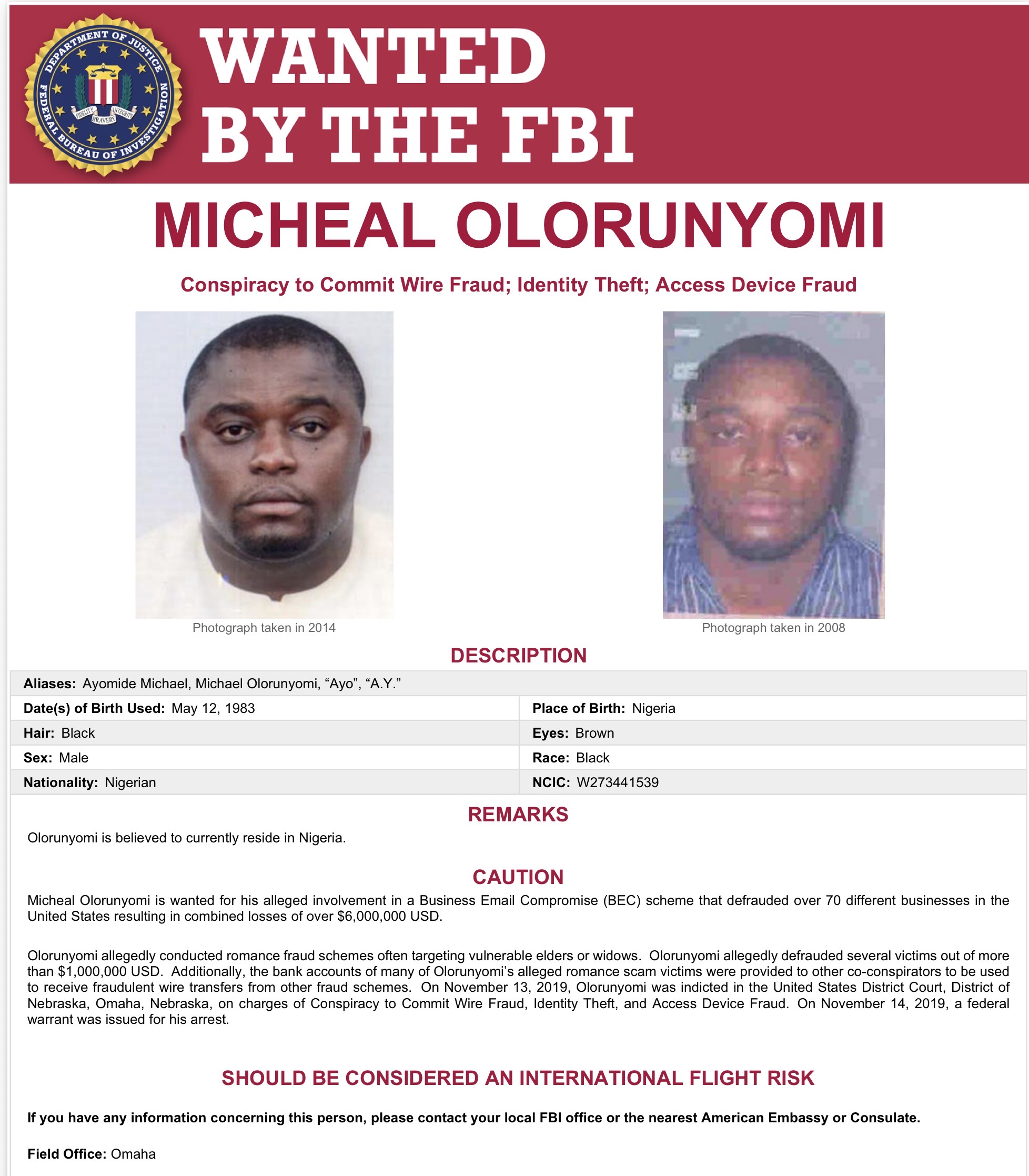 FBI Wanted Poster — Micheal Olorunyomi