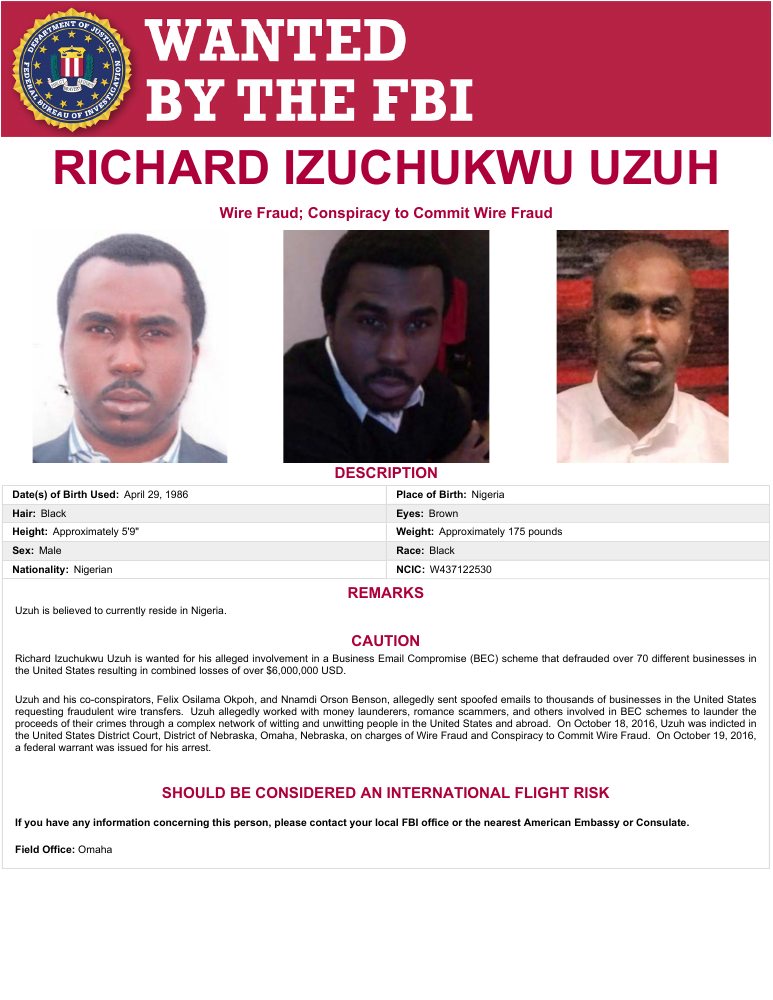 FBI wanted poster for Richard Izuchukwu Uzuh, rendered from the official FBI PDF