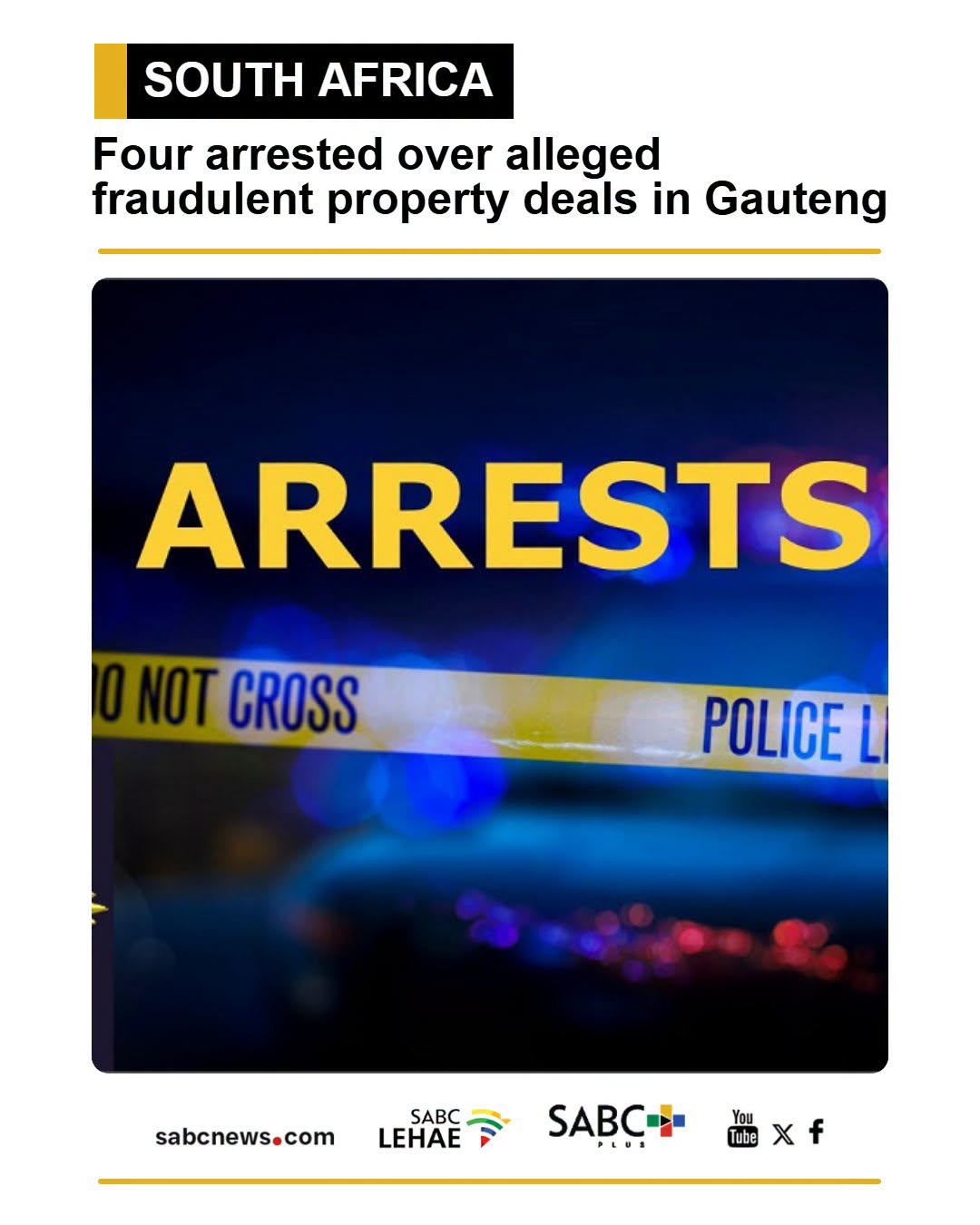 SABC News graphic reporting four arrests over alleged fraudulent property deals in Gauteng