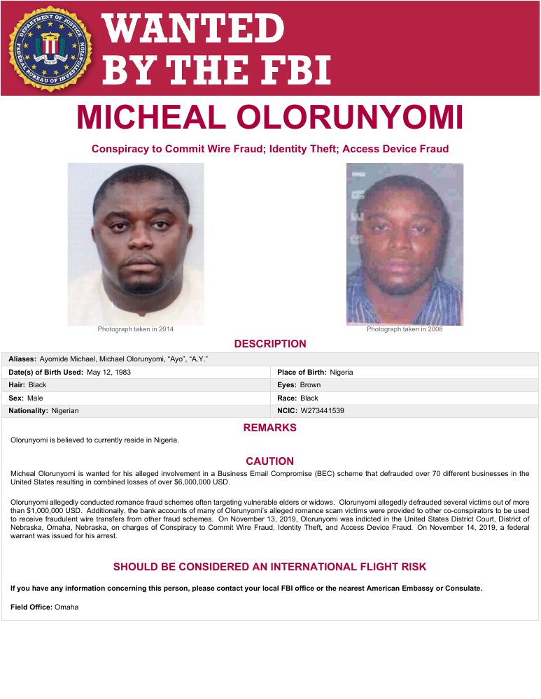 FBI wanted poster for Micheal Olorunyomi, rendered from the official FBI PDF