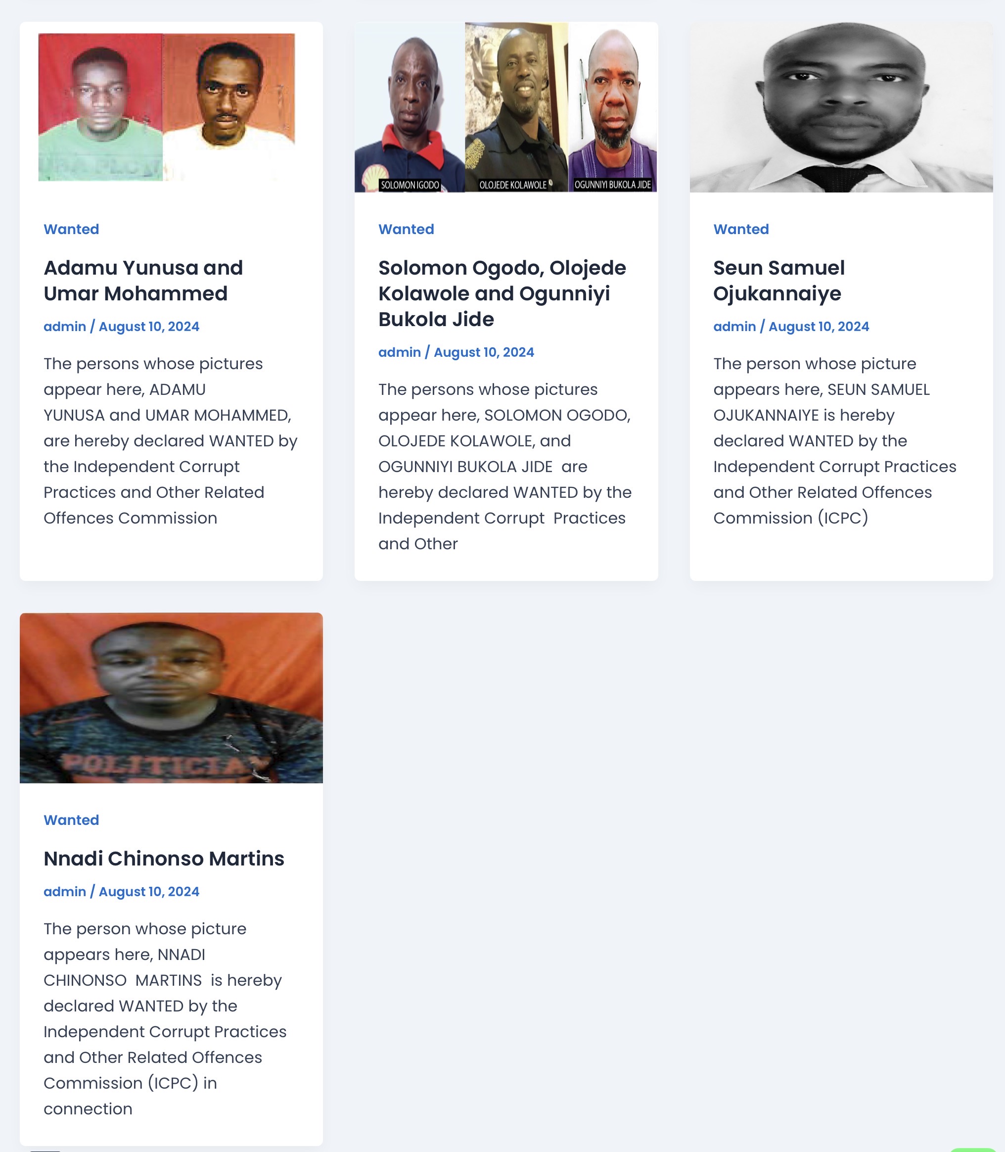 ICPC Wanted — Adamu Yunusa, Umar Mohammed, Solomon Ogodo, Olojede Kolawole, Ogunniyi Bukola Jide, Seun Samuel Ojukannaiye, Nnadi Chinonso Martins