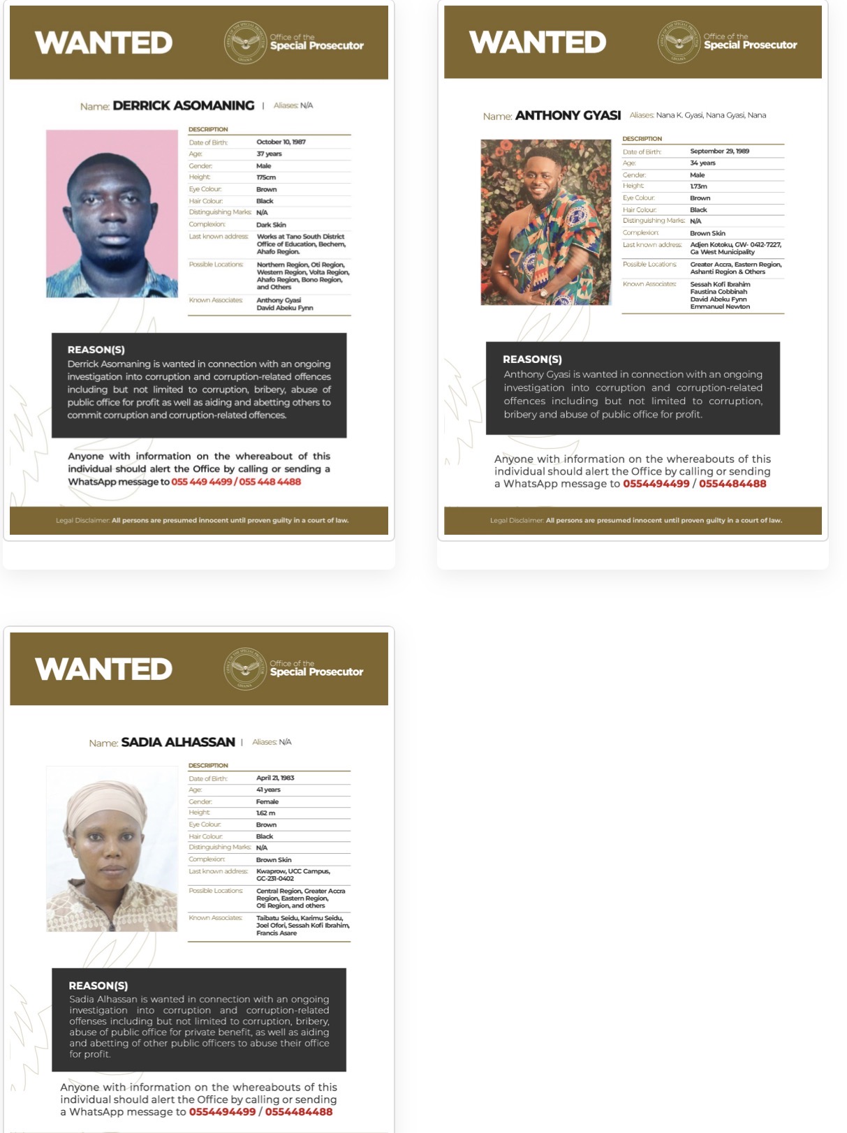 OSP Ghana Wanted Persons — Derrick Asomaning, Anthony Gyasi, Sadia Alhassan