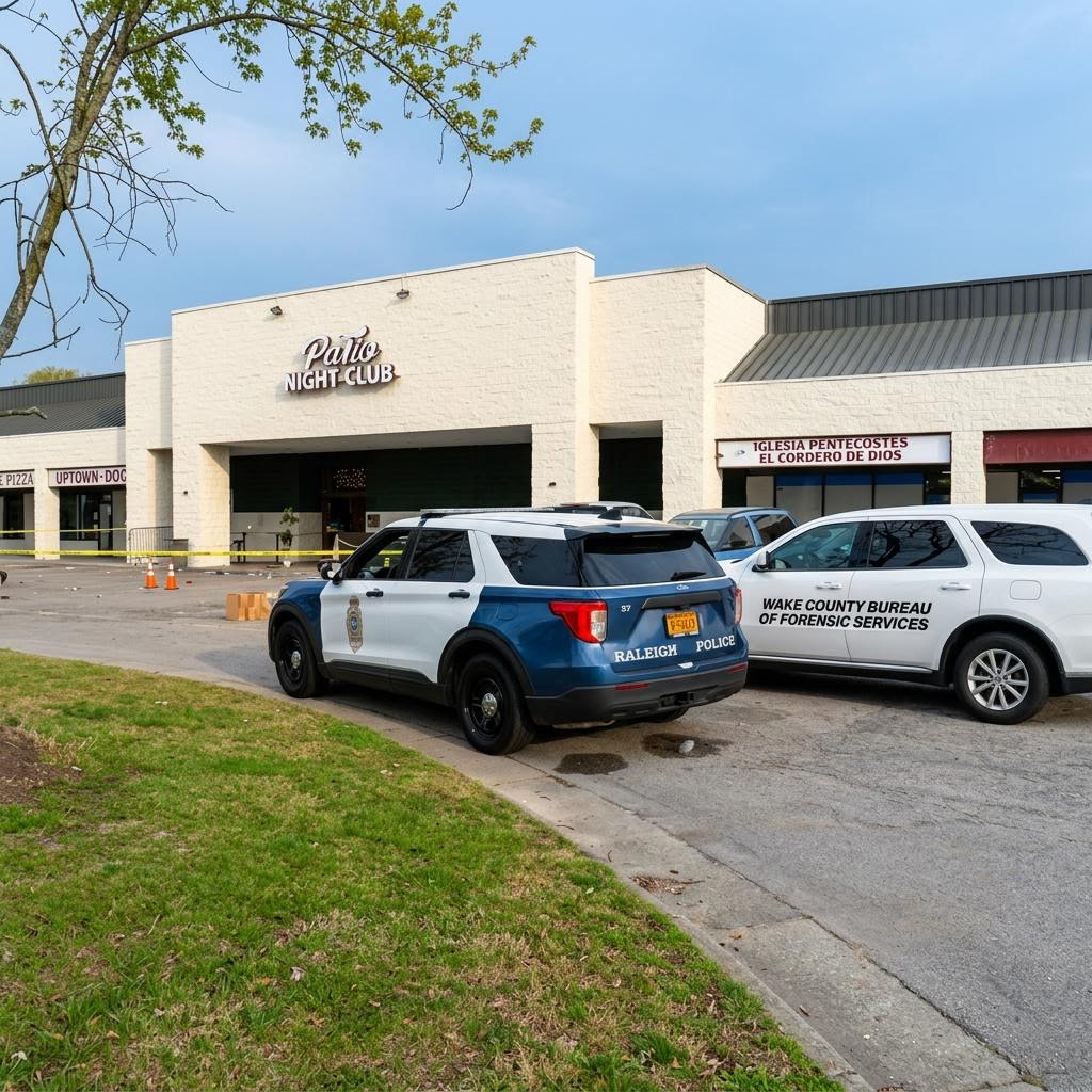 Police vehicles outside the Patio Nightclub in Raleigh after a reported shooting