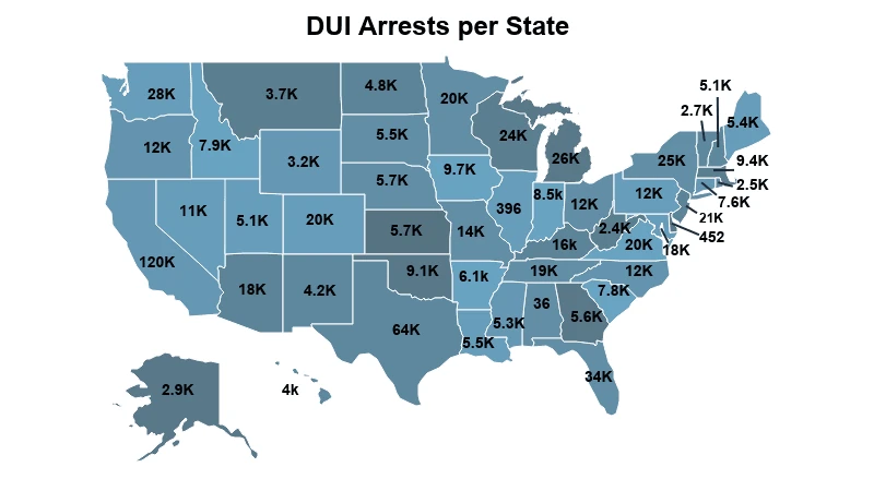 Supplied map graphic showing DUI arrests by U.S. state