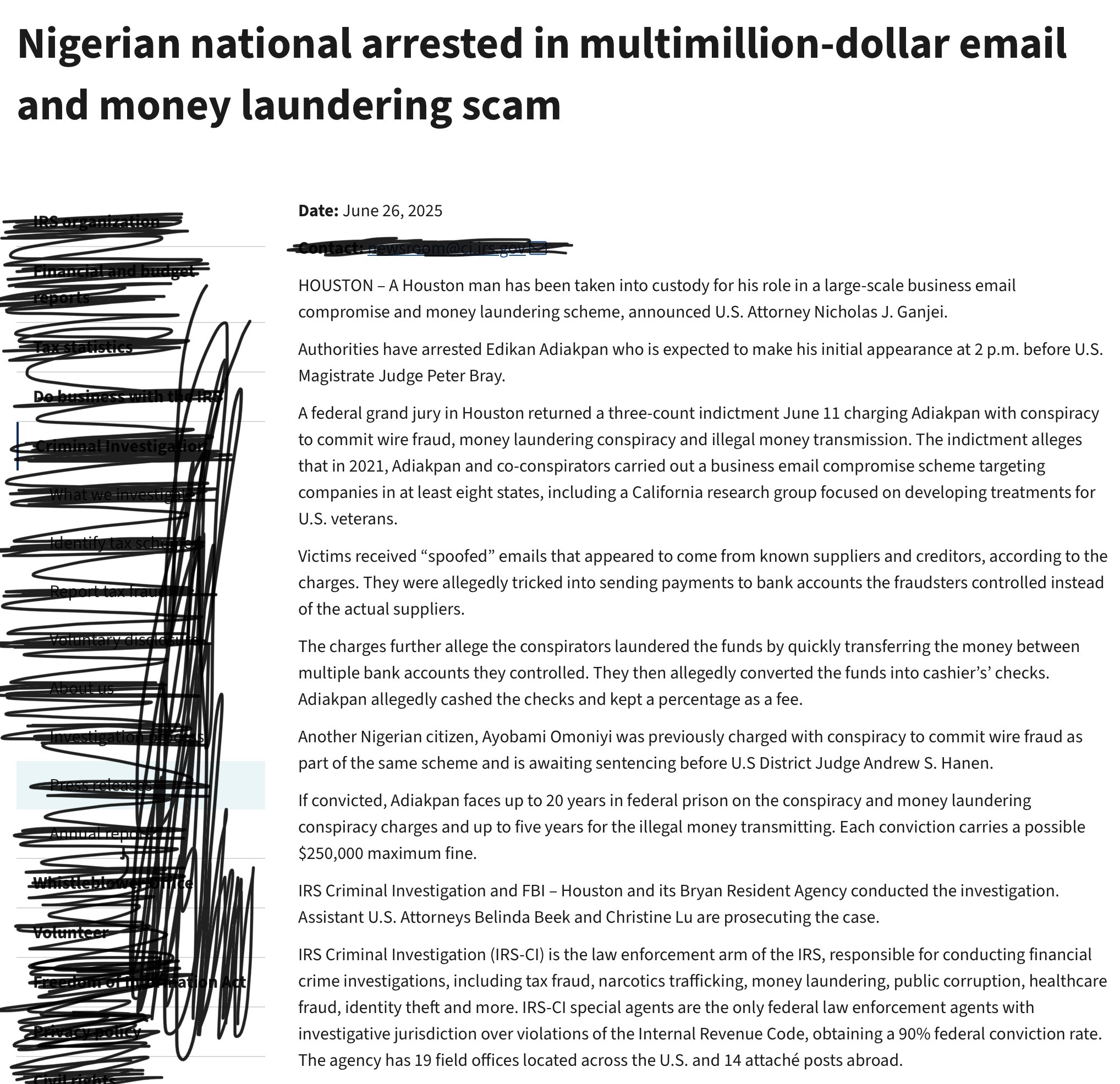 DOJ press release: Nigerian national arrested in Houston, June 2025